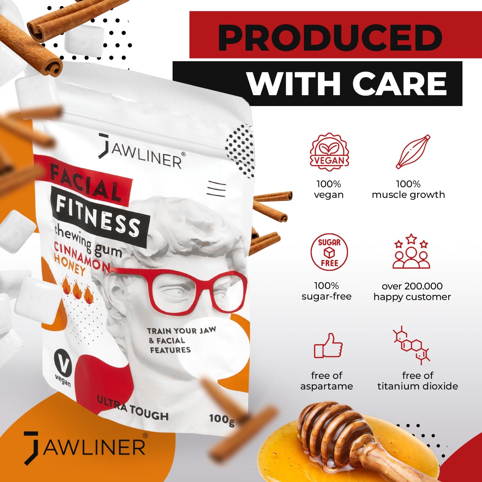 JAWLINER Fitness Chewing Gum (2 months pack) Jawline Gum - Sugar Free Gum -  Cinnamon Honey Gum - Double Chin Reducer - Jawline Exerciser For Mewing